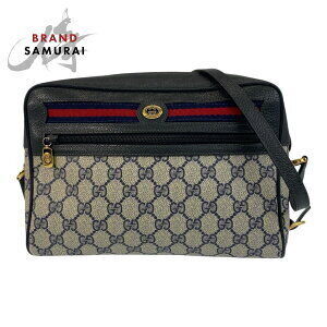 GUCCI Sherry Line Shoulder Bag Gray Navy Blue GG Supreme Leather